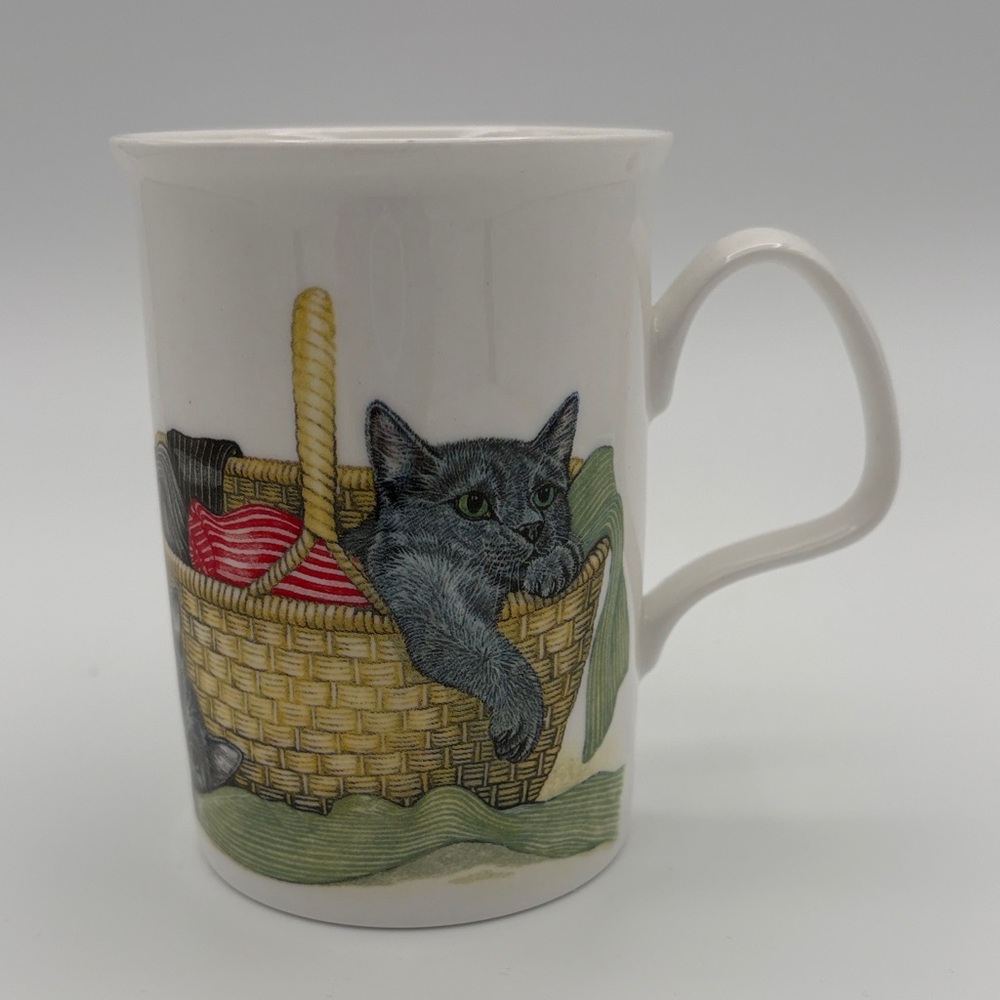 Vintage Roy Kirkham Kitten Lovers Bone China Mug Gray Cats with Basket 1991